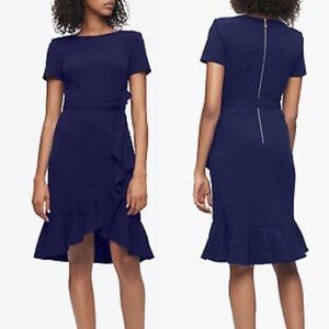 Calvin Klein Belted Ruffle Hem Navy Dress NWT